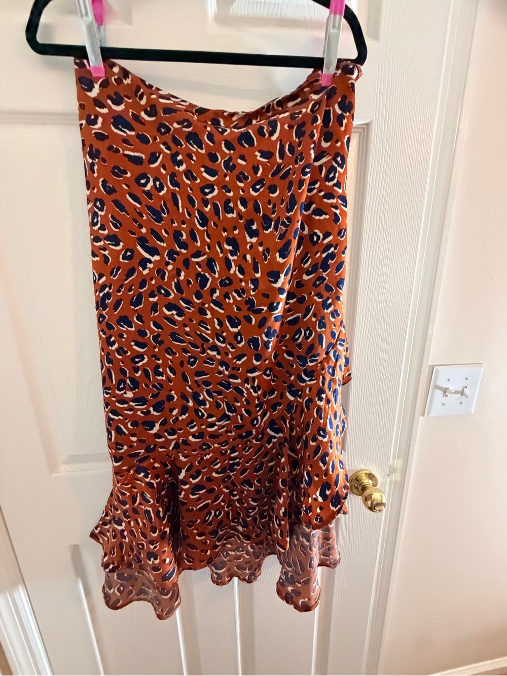 Eloquii Rust Leopard-Spot Ruffle-Hem Skirt with Navy and Cream Accents
